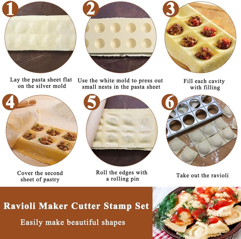 Lainballow 7 Pcs Ravioli Mold Set, Ravioli Maker Press with 1 Wood Rolling Pin, 4 Ravioli Cutter, 12 Holes Ravioli Stamp Pasta Making Kit for Ravioli Pasta Dumpling Meat Pie - Image 4